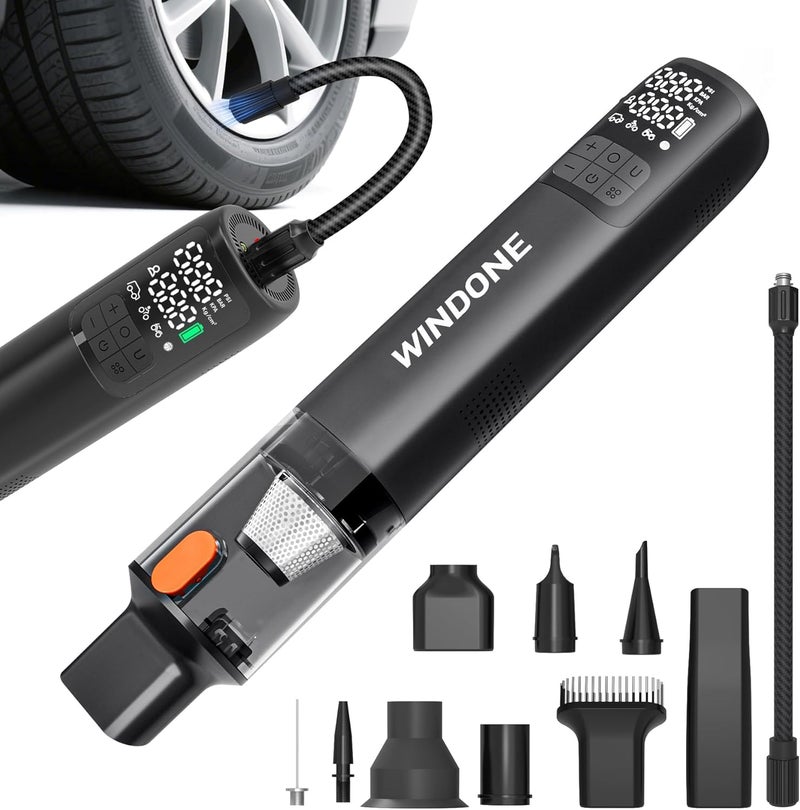 Windone Car Vacuum, 12000Pa 2-in-1 Cleaner & Tire Inflator 150PSI, 60W Brushless Motor, Cordless Handheld Vacuum & Air Pump with Pressure Gauge, LED Light, Multi-Nozzles for Car, Home, Office - Image 1